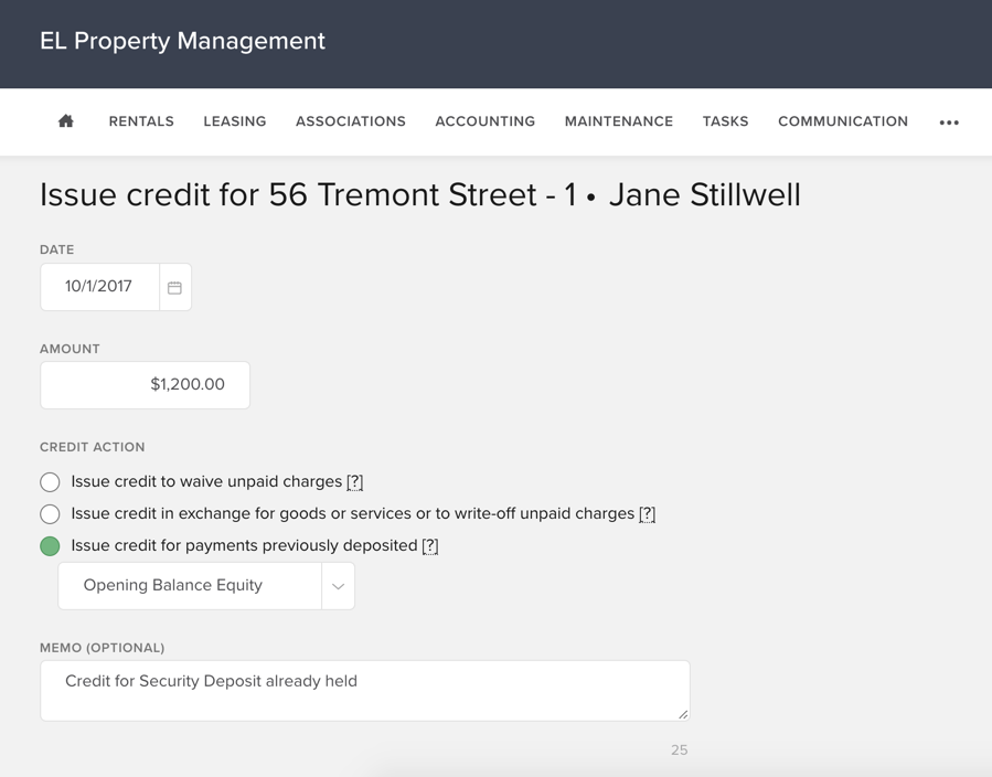 Getting Started Entering tenant deposits that have already been received