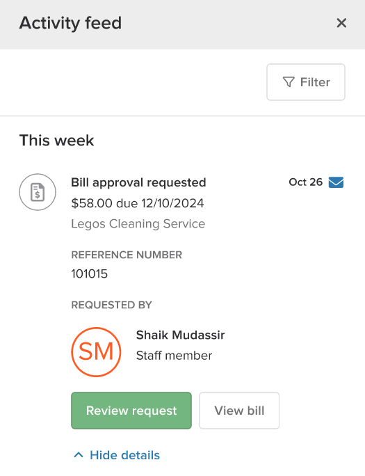Activity Feed Notifications for Bill Approvals