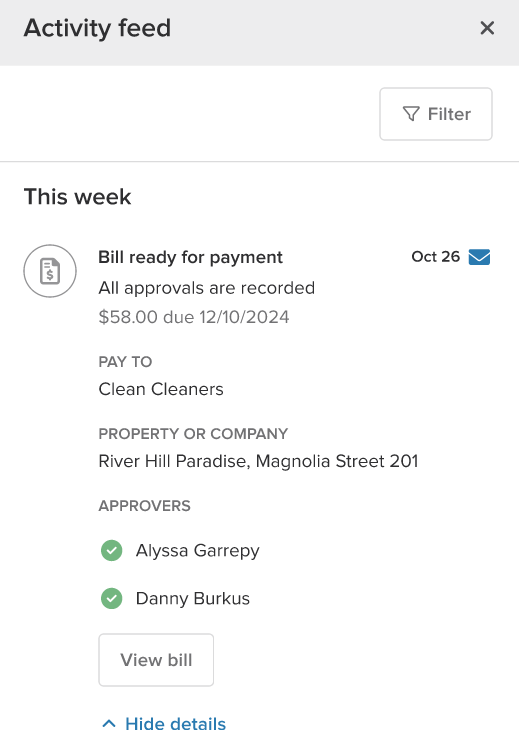 Activity Feed Notifications for Bill Approvals