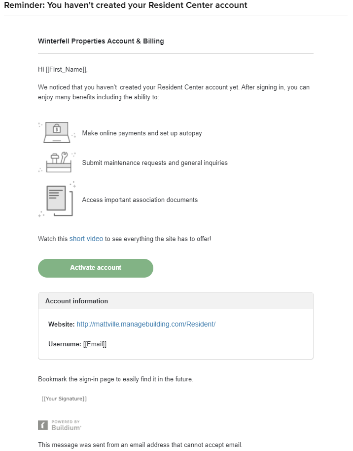 Resident Center invitation email reminder