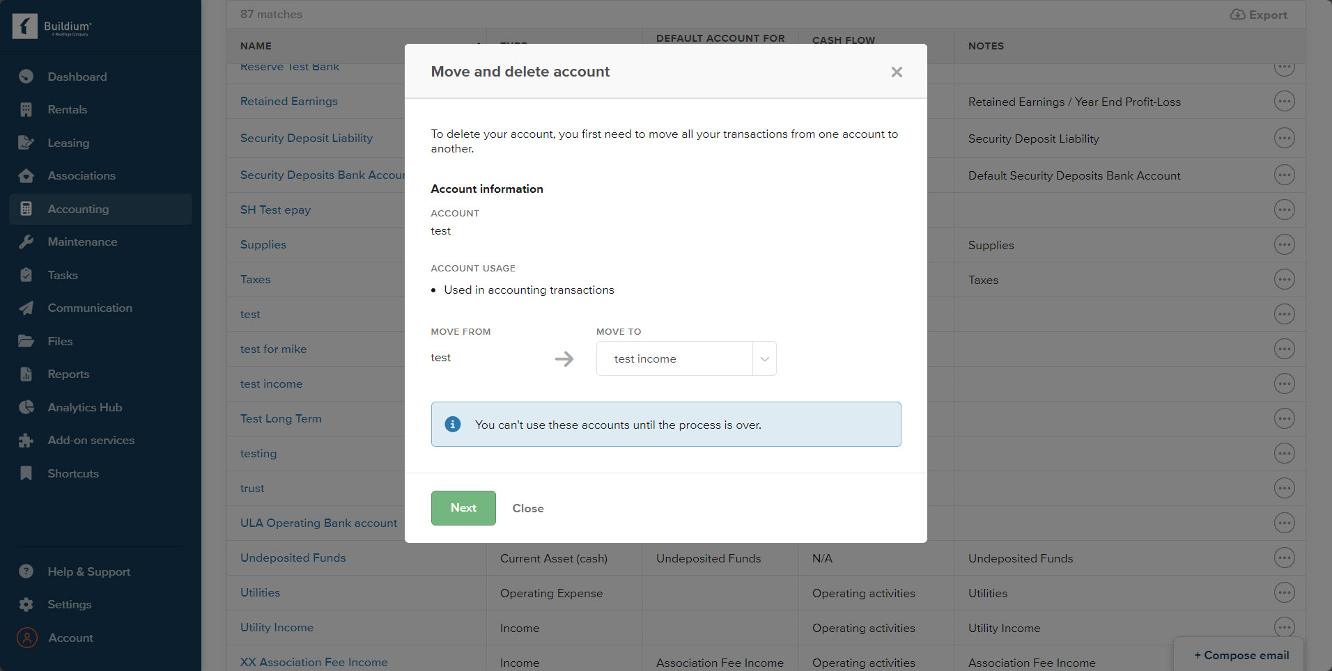 How do I delete an item from the chart of accounts?